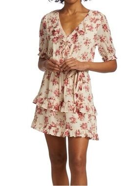 PAIGE Evonna Silk Floral Ruffle Faux Wrap Mini Dress Cream Pink Size XS